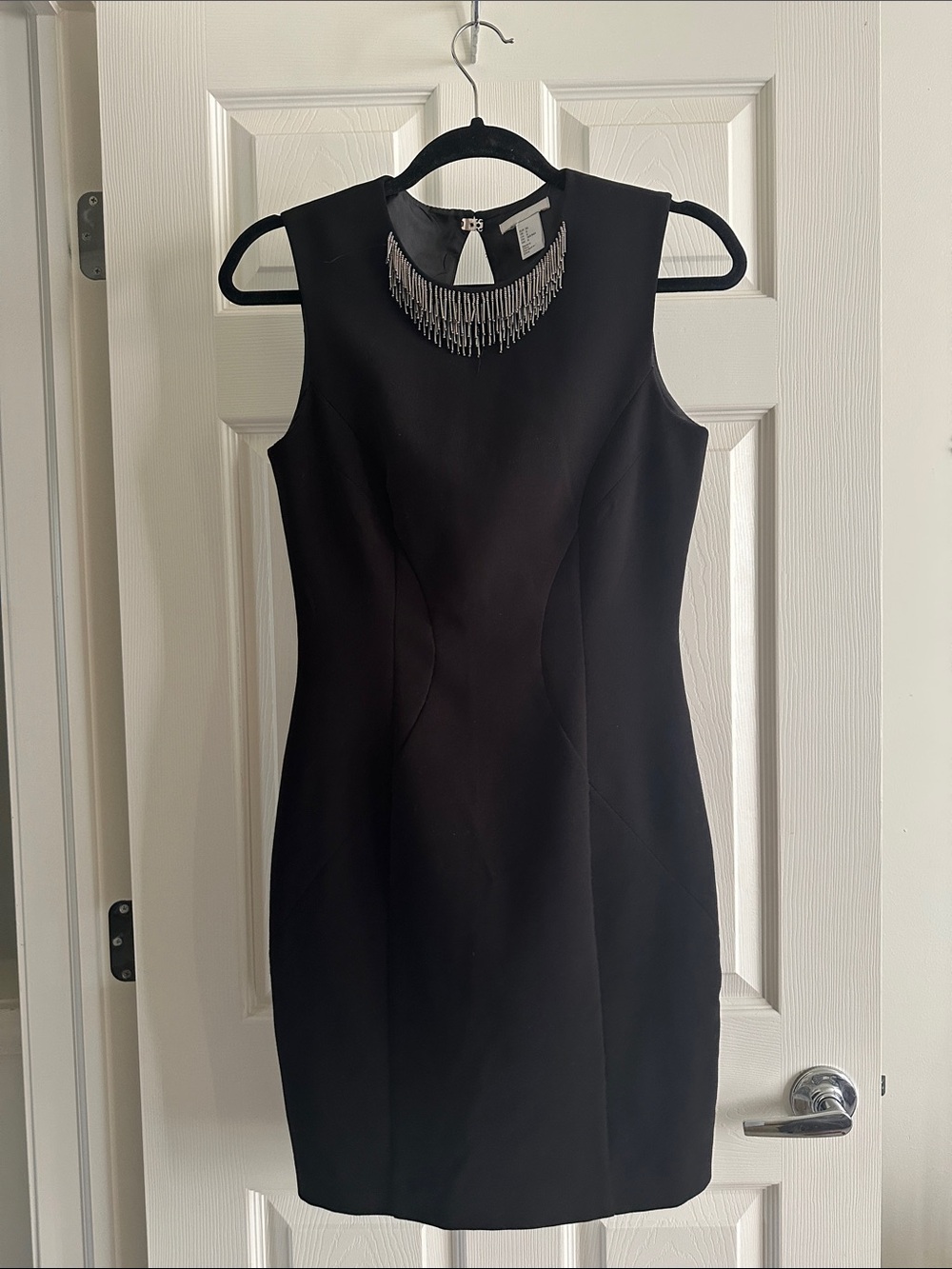 H&M Black Sleeveless Mini Dress with Silver Beaded Necklace Detail